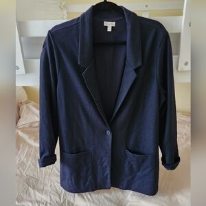 GARNET HILL Relaxed Knit Long Blazer Navy Tencel Wool Preppy Minimalist 16